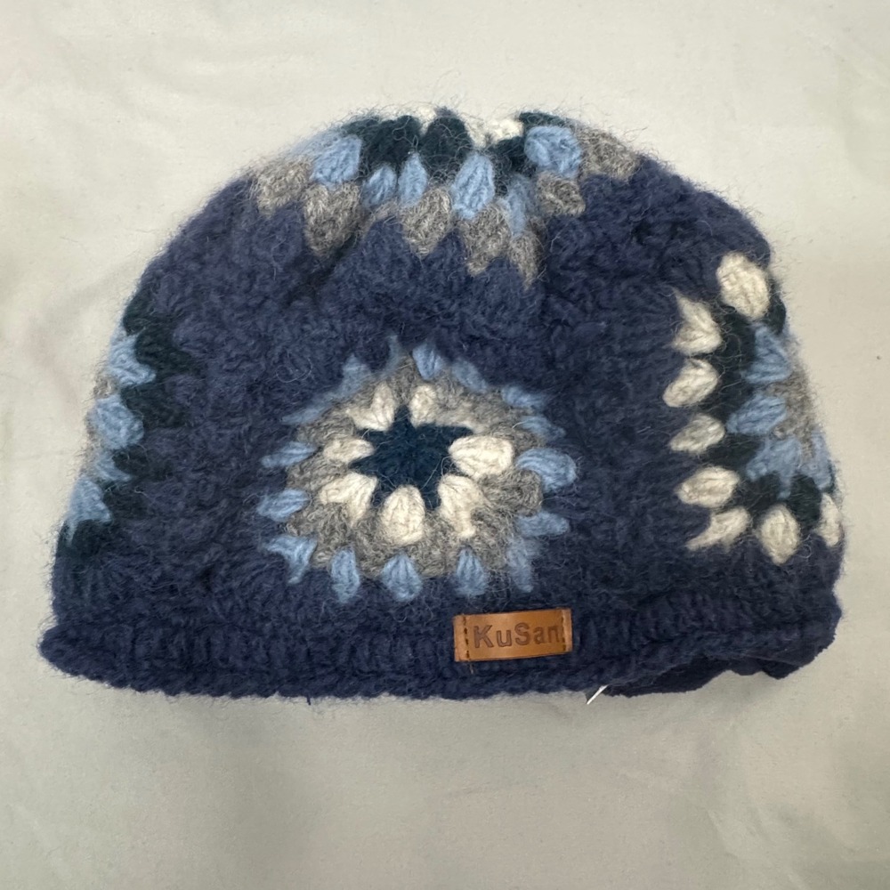 KuSan Accessories Granny Square Beanie OS Blue Wool Boho Nepal Excellent